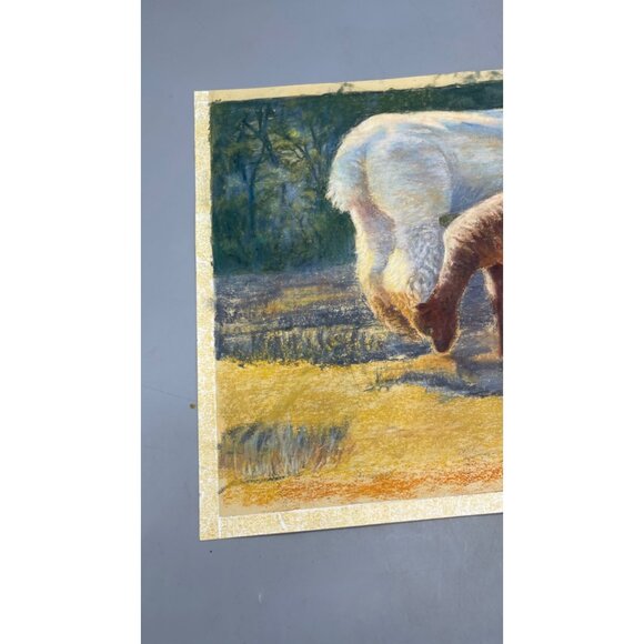 Original Pastel Drawing Of white & brown Alpacas Grazing In Field farming READ - Picture 4 of 5